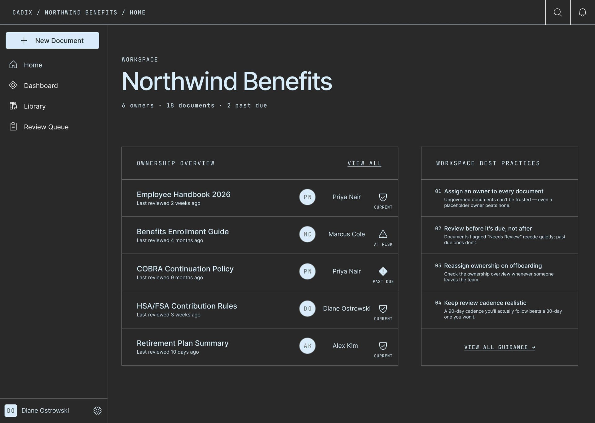 Cadix Web App Home Screen - SOP and Documentation Management for Small to Mid-sized teams.